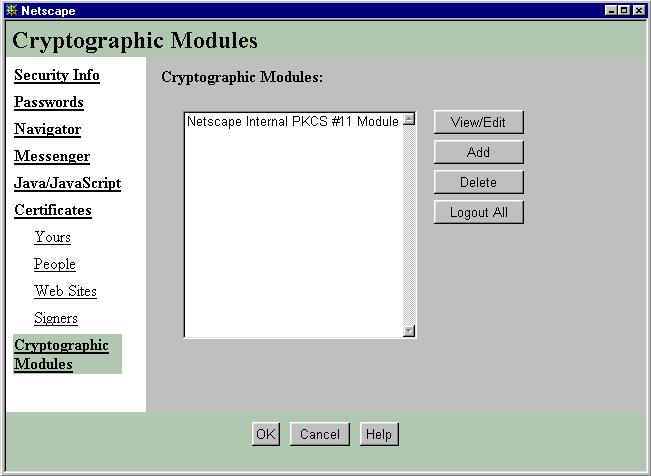4. The Cryptographic Modules screen will appear. Click Add button. 5. Create a New Security Modules screen will appear.