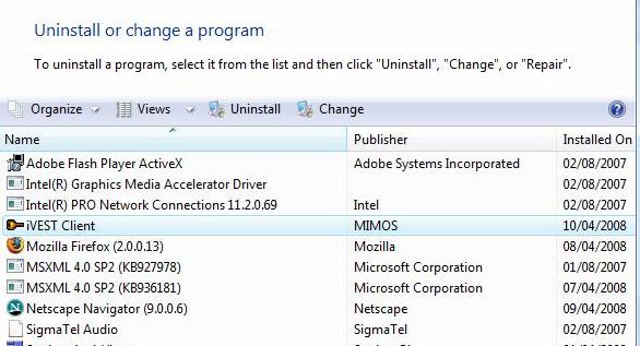 4. The Uninstall or change a program dialog box will appear. Highlight ivest Client and click Uninstall button. 5.