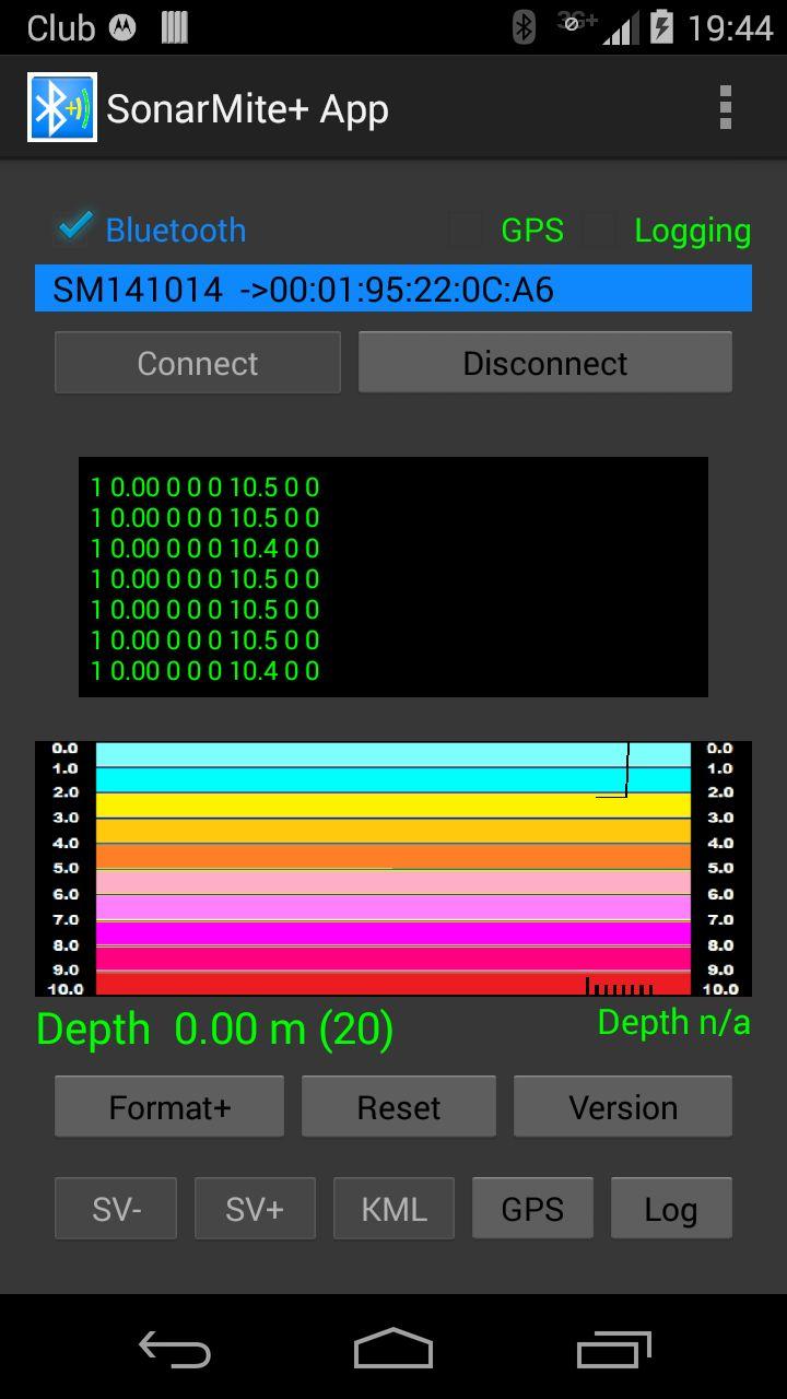 4 Press the [Connect] button, the transmit LED on the SonarMite should illuminate and data should start to appear scrolling in the data window 5 Pressing [Disconnect] or making the App lose top