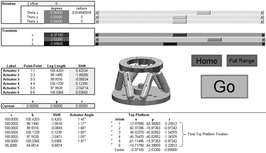 Figure 7: Screen-shot of Excel based hexapod control GUI Because SolidWorks (as well as other modern CAD packages) is able to solve the forward kinematics problem, we can independently verify the