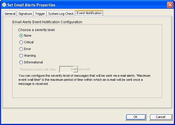 6. In the Event Notification Configuration tab, indicate the severity level of messages that should be sent as email alerts by Email Alerts. If you select None, no messages will be sent via email.