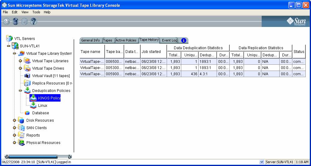 Tape History tab The Tape History tab lists all of the deduplication and replication