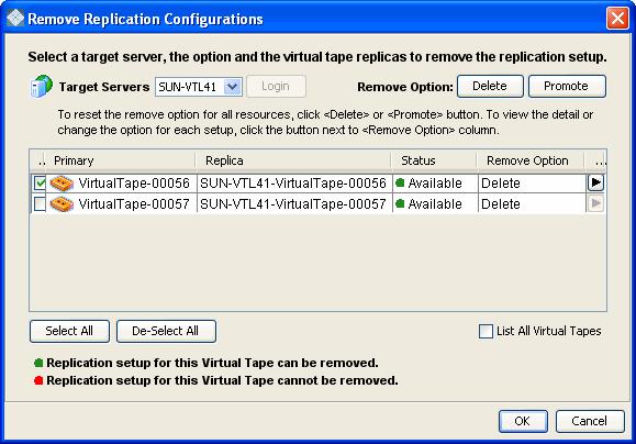 2. Select the replication target server, the option to remove or promote, and select the virtual tape replicas. 3. Select OK. 4.