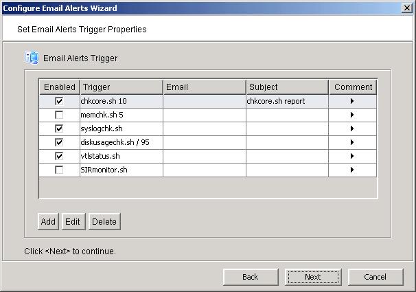 4. In the Trigger dialog, set the triggers that will cause Email Alerts to send an email. Triggers are the scripts/programs that perform various types of error checking.
