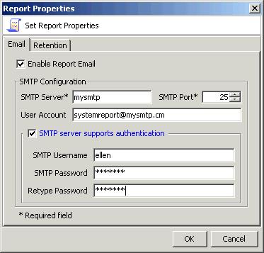 Set report properties You can set email and retention properties for reports. To do this: 1. Right-click the Reports object and select Properties.