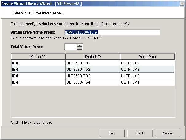 2. Enter information about the tape drives in your library. Virtual Drive Name Prefix - The prefix is combined with a number to form the name of the virtual drive.