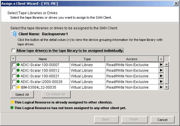 Assign virtual tape libraries to clients You can assign a virtual tape library or drive to the target of a backup server listed in the VTL console under the SAN Clients object.