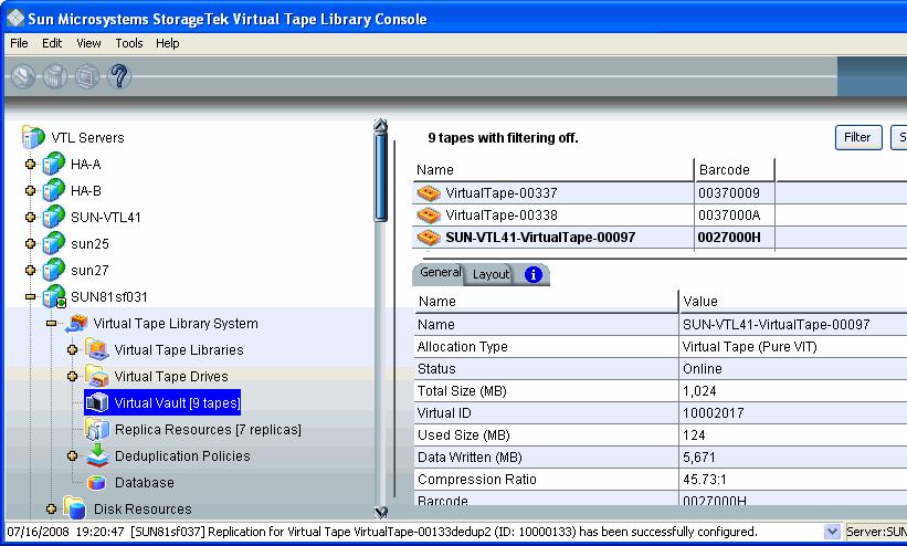 image below shows the VTL target server, with FVITs listed for the Replica Resources object and the LVITs for replicated data listed for the Virtual Vault object.