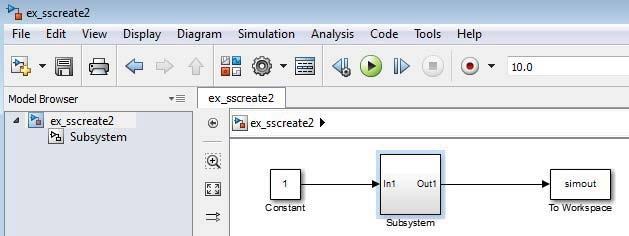 Notice that Simulink adds Inport and Outport blocks to represent input from and output to blocks outside the subsystem. As with all blocks, you can change the name of the Subsystem block.