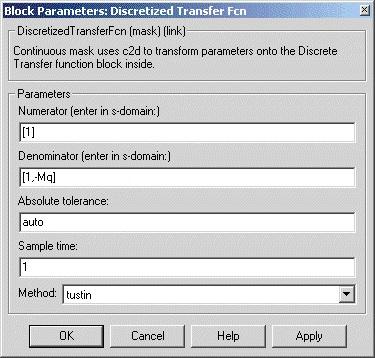 Copy the parameter information from the Transfer Fcn.1 block s dialog box to the Discretized Transfer Fcn block s dialog box.