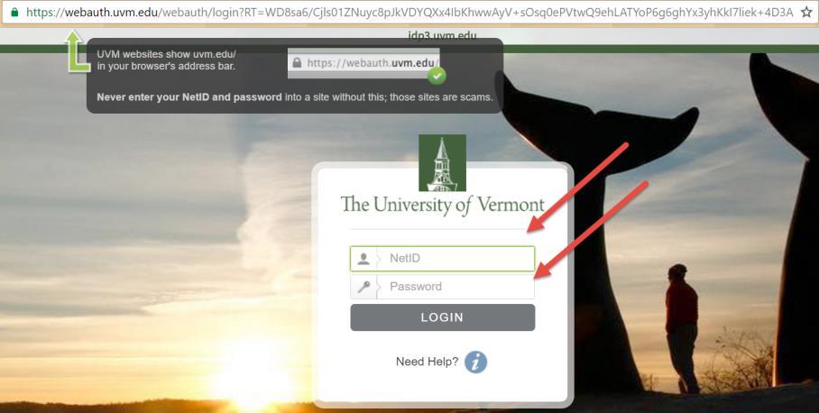 Step 3: Login utilizing your UVM NetID and Password.