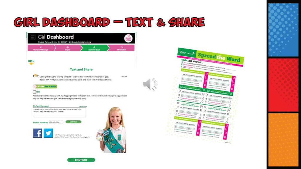 The next tab is the Text and Share tab Every year our young girls become more and more tech savvy! Now she can share her QSP Online Store with Family & Friends in so many ways!