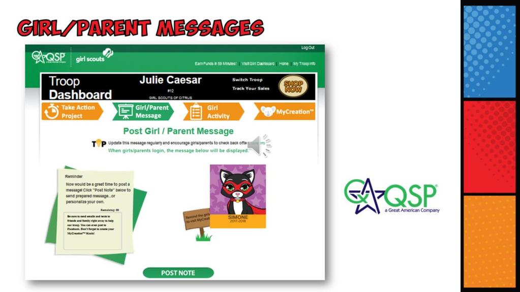As the Troop FSC, you can send messages to the members of your troop on the Girl/Parent Message Tab!