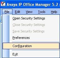 8. In the Manager window, select File Configuration. Open IP Office configuration 9. In the Manager window, select File Open to search for IP Office in the network.