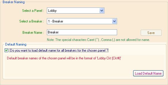 Breaker Naming The Breaker Naming tab allows the user to individually name each circuit in each panel.