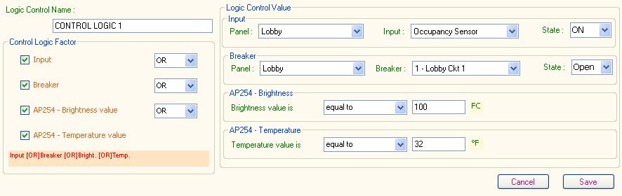 Logic Control The Logic Control tab is used to create logical relationships between an input, a breaker, the brightness measured by a Siemens AP254, and/or the temperature as measured by a Siemens