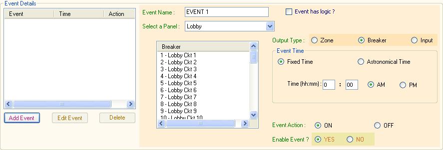 In the Event Details section, first specify a name for the event using the Event Name box. If the event will be enabled using control logic, check the Event has logic?