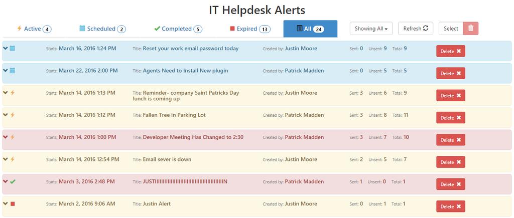 To see the details of all created alerts, click Alert History.