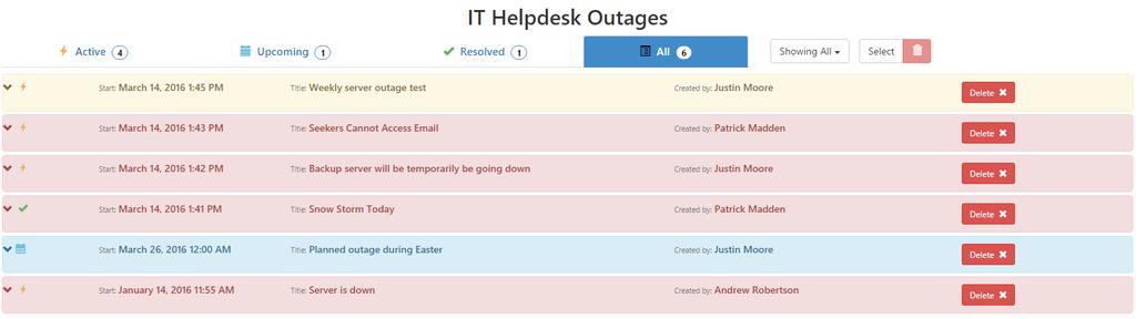 To see the details of all created outages, click Outage History.