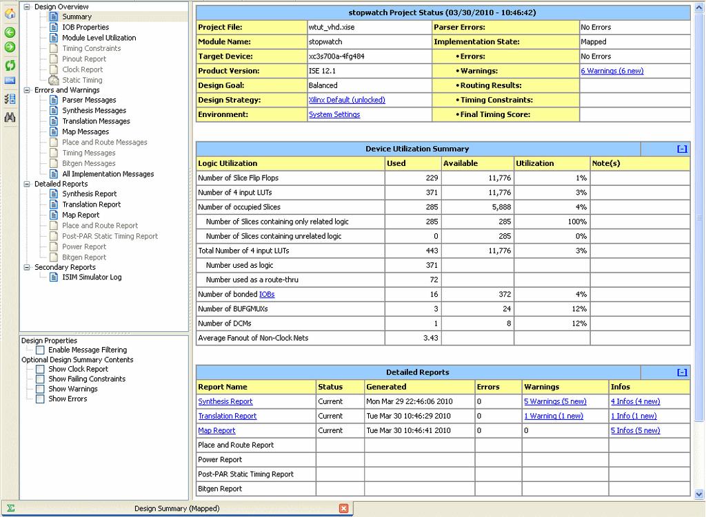 Chapter 6: Design Implementation The following figure shows the Design Summary/Report Viewer. X-Ref Target - Figure 6-16 Figure 6-16: Design Summary/Report Viewer 2.