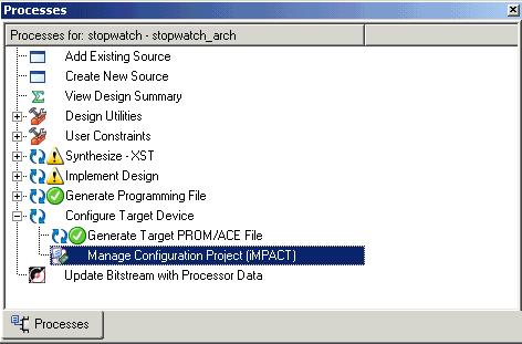 Using Boundary-Scan Configuration Mode Opening impact from Project Navigator To start impact from Project Navigator, double-click Manage Configuration Project (impact) in the Processes pane in the