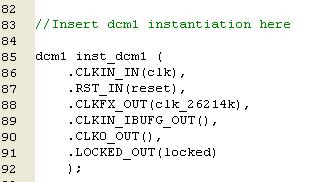 X-Ref Target - Figure 3-22 Figure 3-22: dcm1 Macro and Instantiation Templates 4. Paste the instantiation template into the following section in the stopwatch.