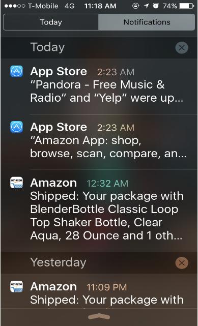 An example of app push notifications displayed in an ios device Notifications center.