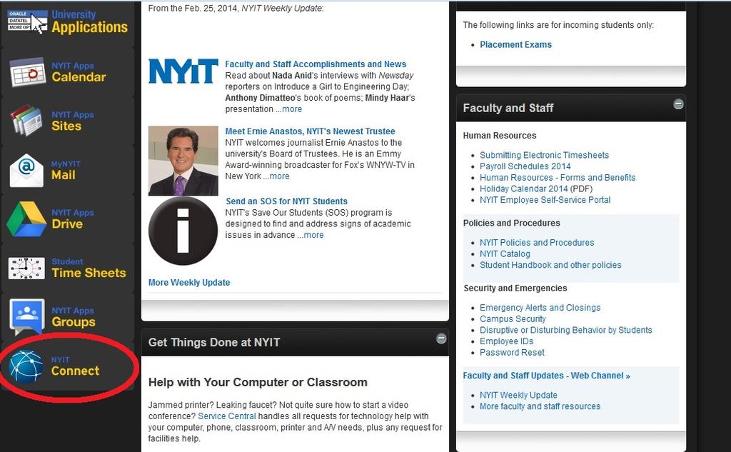 After logging in, click on the NYIT Connect option in the bottom left corner to begin.