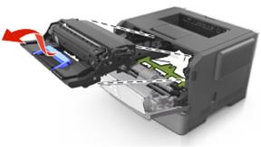2. Pull the toner cartridge out using the handle. 3. Lift the blue handle, and then pull the imaging unit out of the printer. Warning Potential Damage: Do not touch the photoconductor drum.