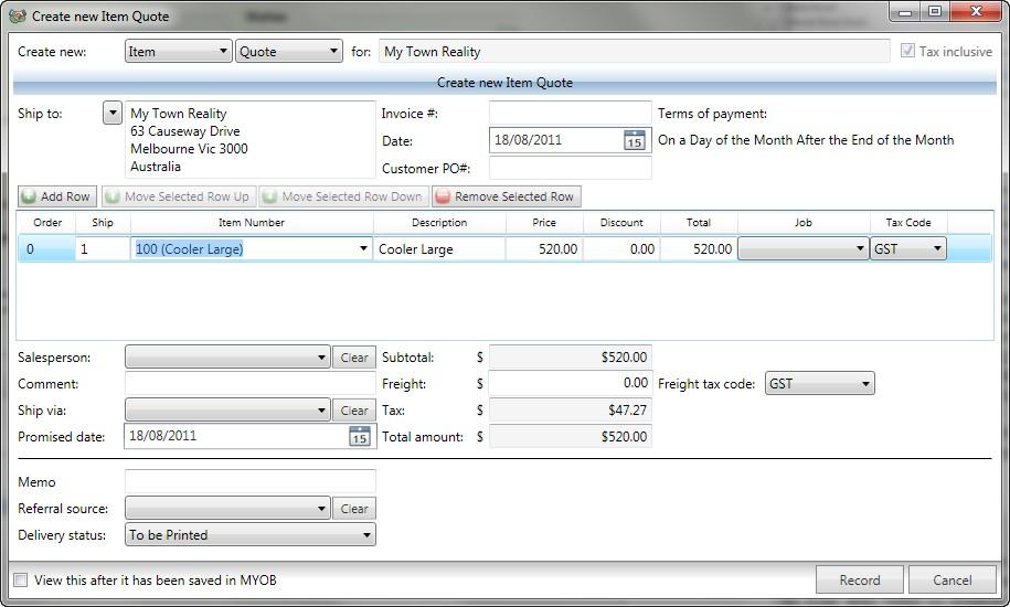 Creating an Opportunity from a MYOB Quote, Order or Invoice Right-click a quote,