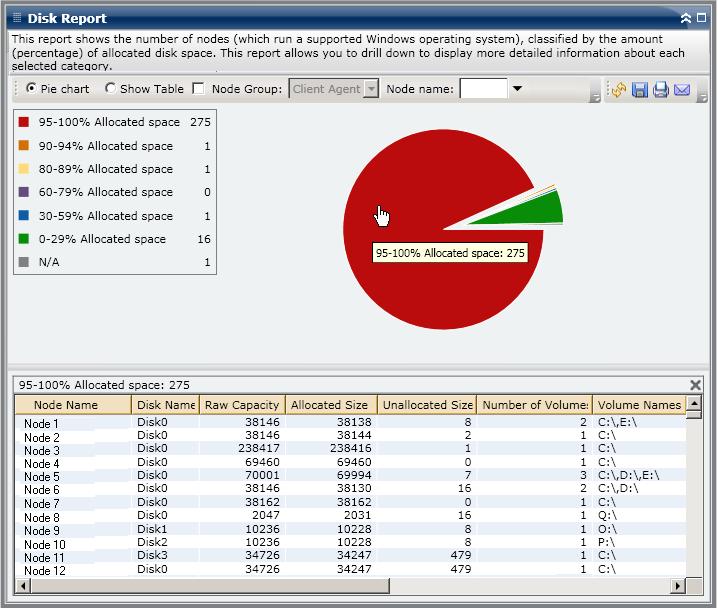 Disk Report Drill Down Report The Disk Report can be further expanded from the Pie chart view to display a drill-down report with the same detailed