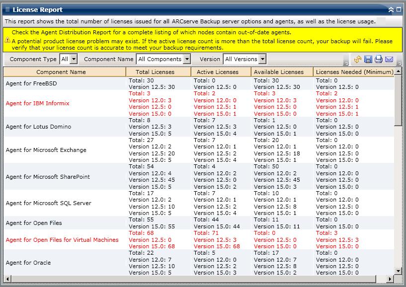 License Report Report View The License Report is displayed in a table format, listing the Arcserve Backup licensed components (agents and server options) within your Arcserve Backup domain, along