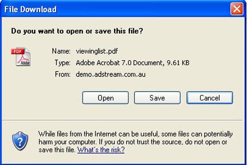 The File Download box displays (see Figure 23). Figure 23 File Download Viewing Report 5. To open the viewing report, click the Open button.
