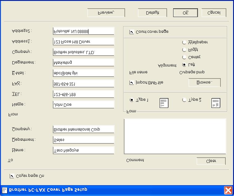 Setting up a Cover Page From the PC-FAX dialog box, click to access the PC-Fax Cover page setup