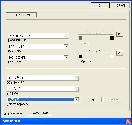 OCR (Word Processing program) Scan to OCR converts the graphic page image data into text which can be edited by any word processor program. You can change the default word processor program.