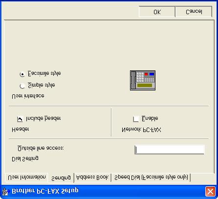 Sending setup From the Brother PC-FAX Setup dialog box, click the Sending tab to display the screen below. The user has the choice of two user interfaces: Simple style or Facsimile style.