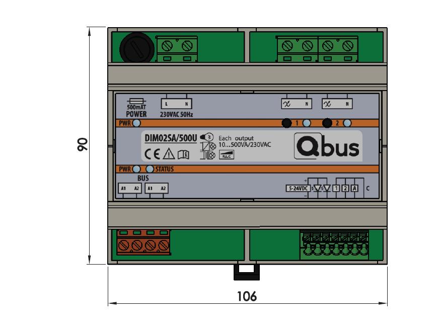 A Qbus controller provides all-in- and output modules power and data via the two-wire bus.