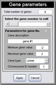 Figure 6.15 Gene parameters input box When a gene number is selected using the slide bar, its gene description, minimum and maximum values, type and chromosome ID are shown in the following fields.