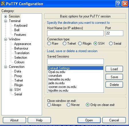 1 2 In your first invocation of PuTTY you will have blanks in the Saved Sessions area. At OU, type in hematite.ou.edu under the (1) Host Name and (2) Saved Sessions areas.
