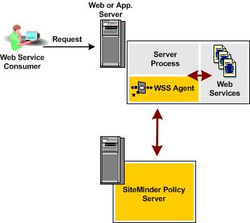 CA SiteMinder Web Services Security Overview The following illustration shows a simple CA SiteMinder Web Services Security environment in which a SiteMinder WSS Agent is deployed into a web or