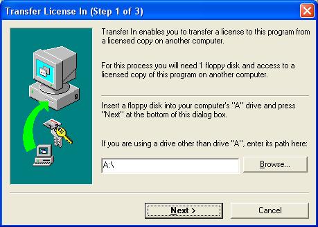 Part 4 How to handle your license The "Transfer License In (Step 1 of 3)" window is