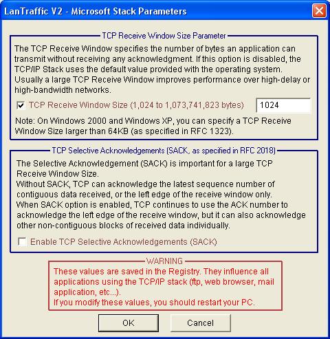 Part 10 Using LanTraffic V2 10.2.3 Configuration menu 10.2.3.1 Configuration/Stack Parameters (on Windows 2000, XP and Server 2003) The "Stack Parameters" window is not available with Windows Vista and later.