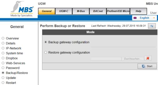 1 Password: GATEWAY If this login doesn t work, read the UGW manual or contact MBS GmbH. 5.3.1 Backing up data of the UGW Table 5-3: Backing up data of the UGW No. Action Notes 1.