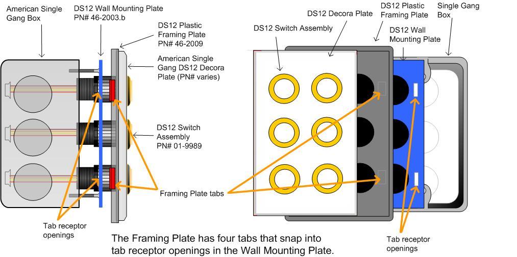 To assemble a plate for a particular application, the installer presses the plate into the framing plate and then inserts each DS12 through the aligned openings, securing it by means of a washer and