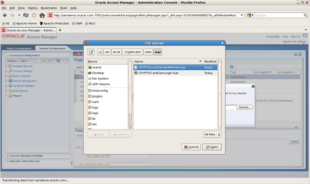CHAPTER 3: Integrating the SafeNet Plugin Solution with Oracle Access Manager 3. Click the System Configuration tab, and then click Common Configuration. 4. Double-click Plugins. 5.
