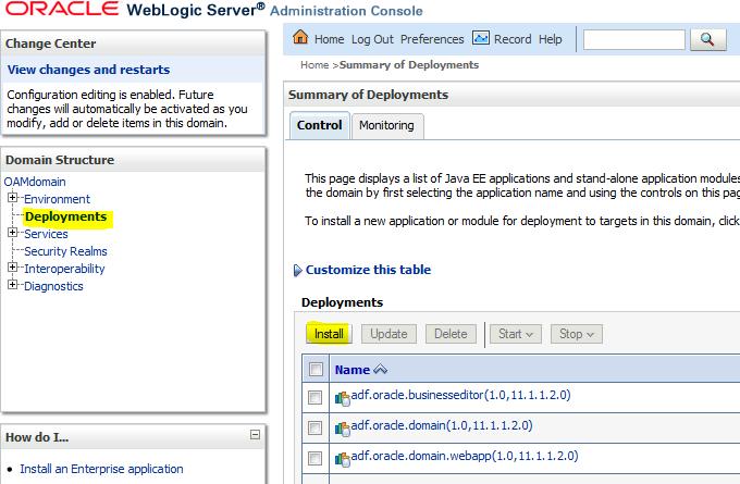 CHAPTER 3: Integrating the SafeNet Plugin Solution with Oracle Access Manager 6. Log in to the WLS web interface and, in the left pane, select Deployments. 7.