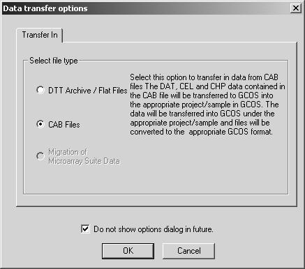 18 Affymetrix Data Transfer Tool User s Guide MAS 5.x and No System DTT Options Page: Transfer IN Tab Figure 15 MAS 5.