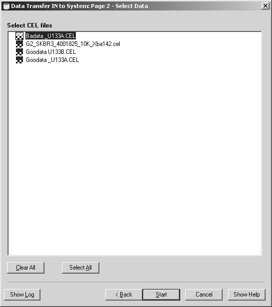 48 Affymetrix Data Transfer Tool User s Guide To select MAS 5.x files: Figure 31 Select Data: MAS 5.x file 1. Select the MAS 5.x files that you wish to transfer from the Select files box.