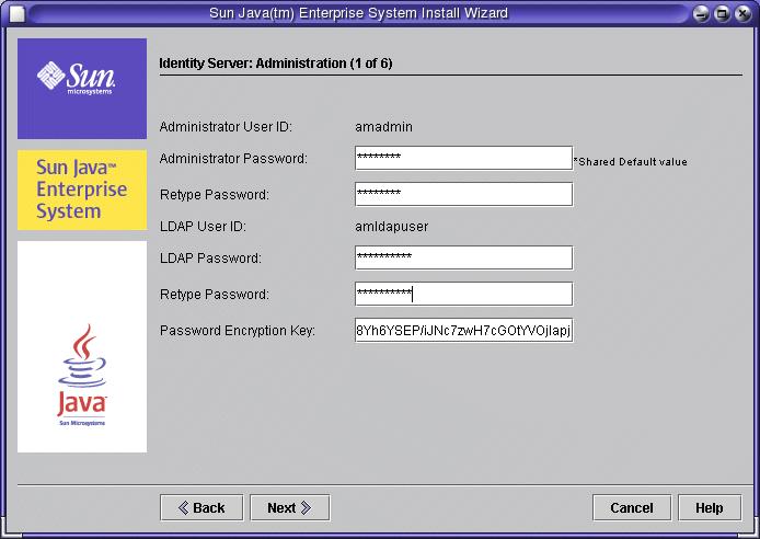 Installing the Components Figure 2-5 Identity Server: Administration Page To Supply Identity Server Information 1. In the Identity Server: Administration (1 of 6) page, supply an LDAP password.