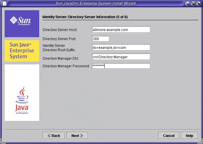 Installing the Components Figure 2-8 Identity Server: Directory Server Information Page 5. In the Identity Server: Directory Server Information (5 of 6) page, type a Directory Manager password.